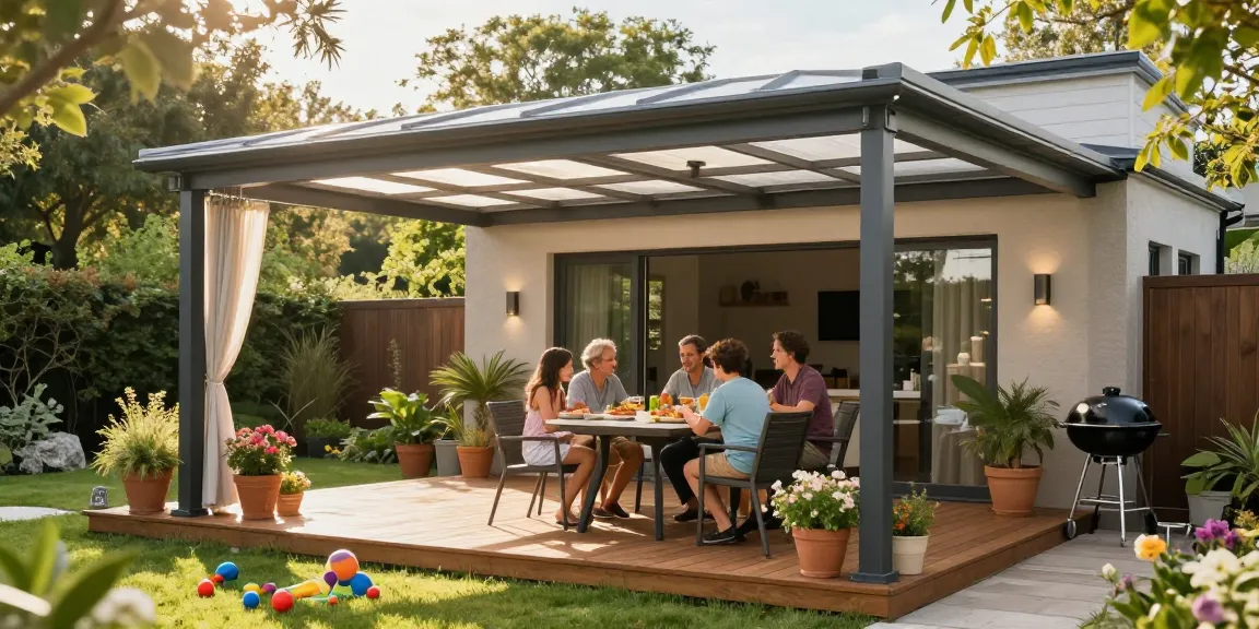 Moderne freistehende Terrassenüberdachung mit Familienessen im Garten