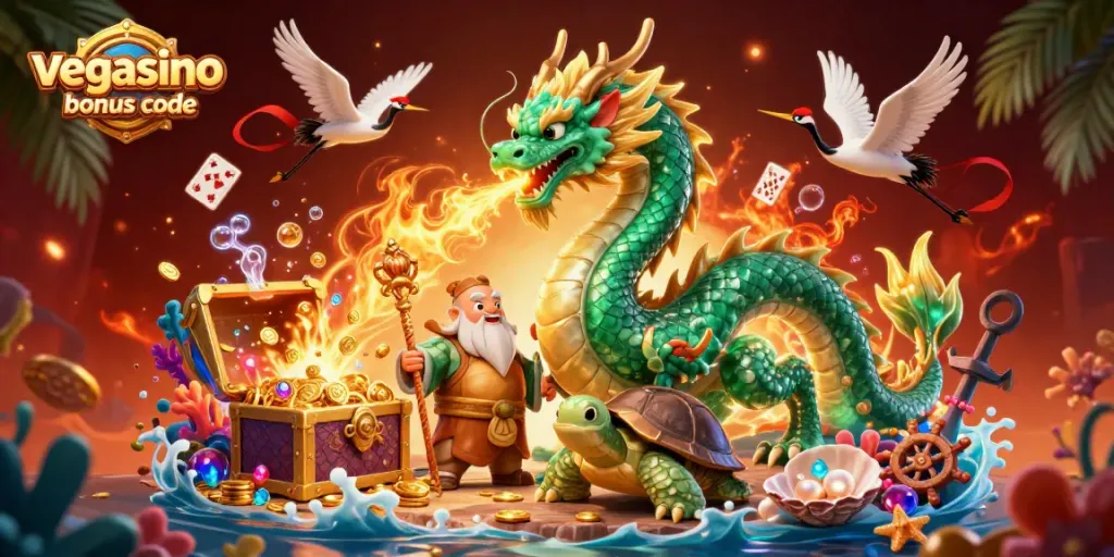 Engage with exciting Vegasino bonus code illustrations featuring dragons and lucky cranes amidst vibrant casino elements.