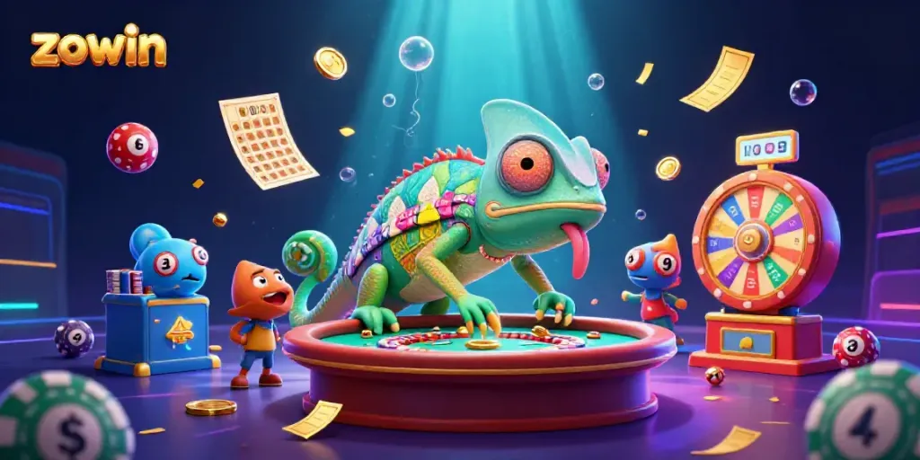 Zowin chameleon casino owner surrounded by colorful lottery elements and gold coins in dynamic gambling scene.
