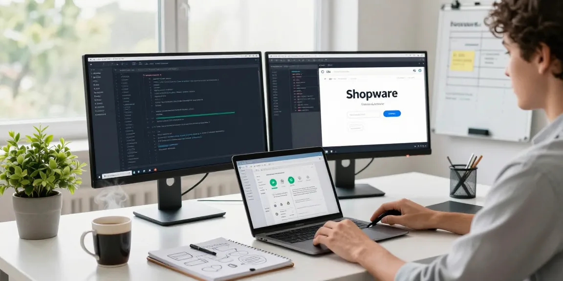 Shopware-Freelancer entwickelt eine E-Commerce-Lösung in einem hellen Homeoffice und zeigt moderne Elemente des Arbeitsplatzes.