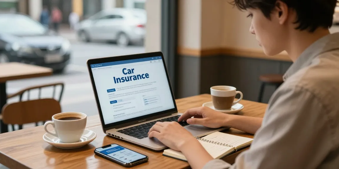 Überprüfung von Kfz Versicherung Tarifen in einem Café mit Laptop und Notizen.