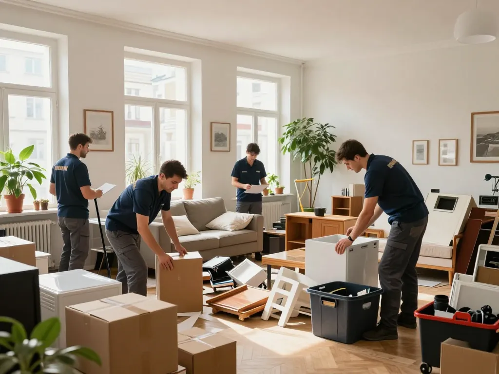 Räumung Wien mit professionellem Team, das während der Räumung effizient Haushaltsgegenstände in einer hellen Wohnung organisiert.