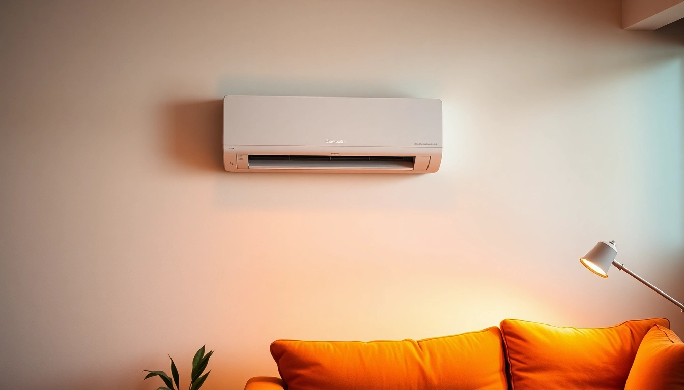 Klima installieren: A contemporary living room with a sleek air conditioning unit mounted on the wall, enhancing comfort.