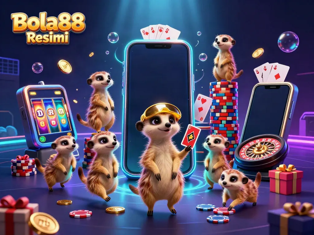 Experience excitement at Bola88 Resmi with meerkats orchestrating an elaborate casino game scene.