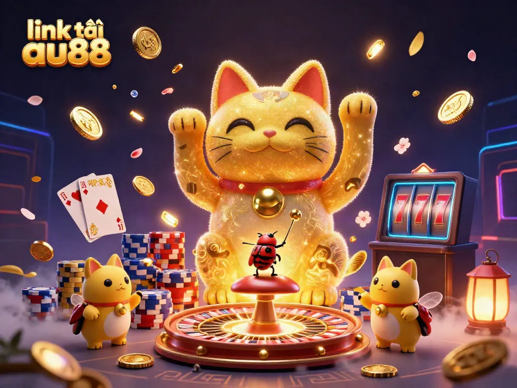 Experience the excitement of link tải au88 with a giant lucky cat and casino symbols in a vibrant scene.