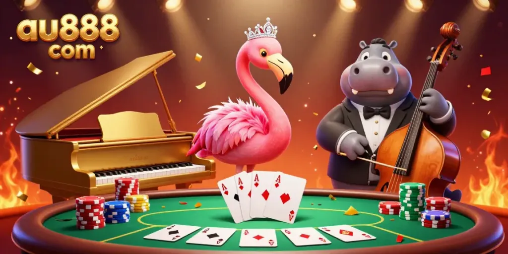 Experience the lively atmosphere at au888 com with a flamingo singer and hippo bassist surrounded by poker elements.