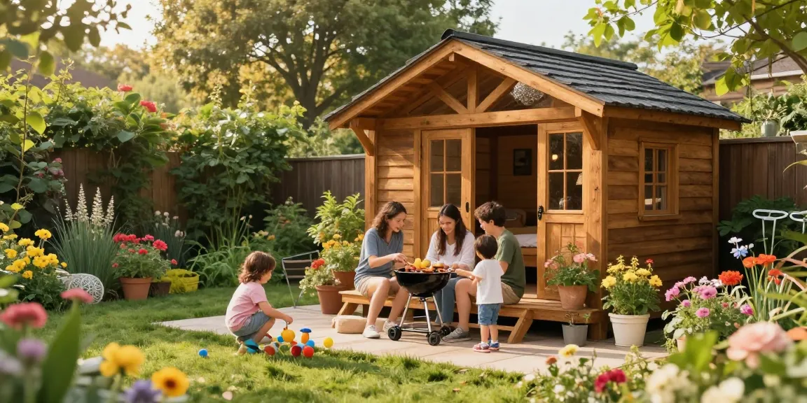 Hölzernes Gartenhaus umgeben von Blumen und spielenden Kindern im Garten