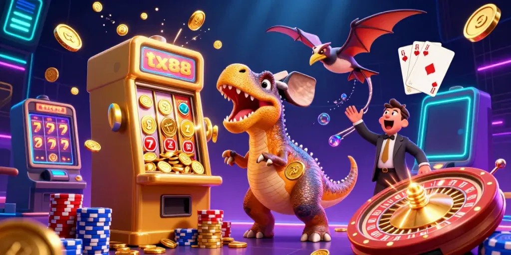 Experience the thrill of tx88 with a cartoon dinosaur triggering a jackpot at an exciting casino.