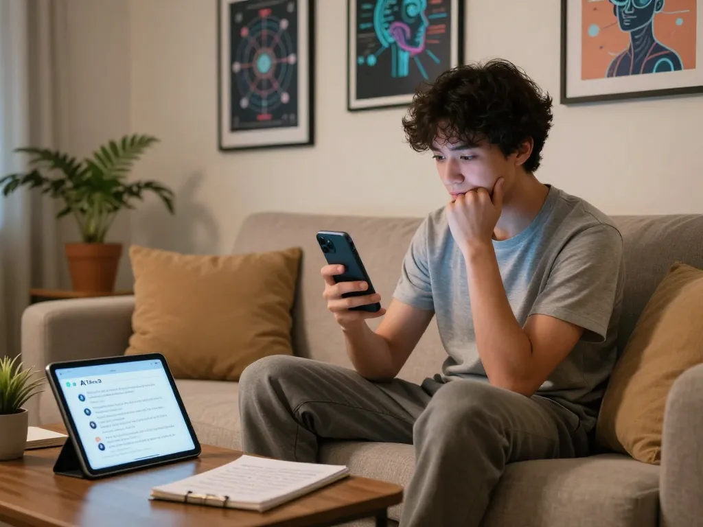Young person enjoying sexting AI chatbot on smartphone in cozy home environment, blending technology with emotional connections.