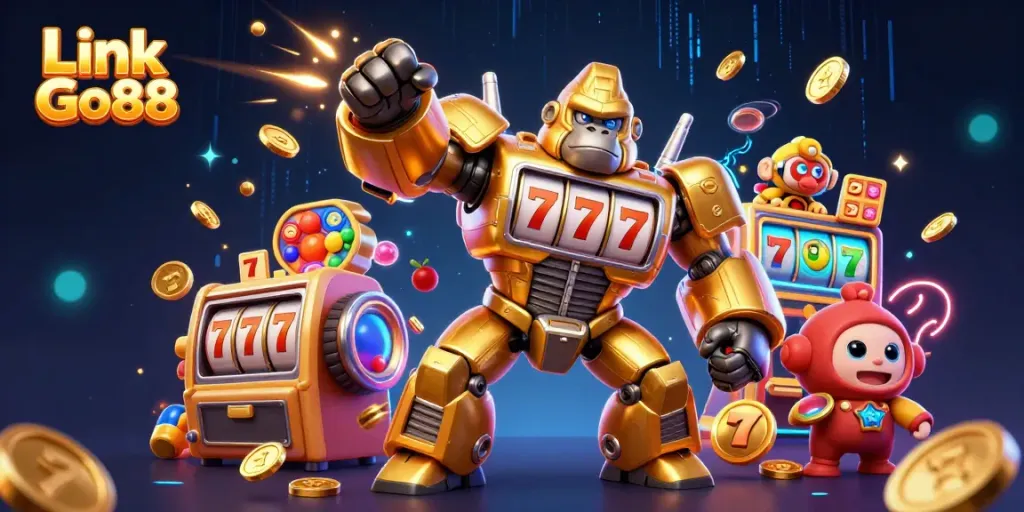 Experience thrilling wins with Link Go88 featuring a gorilla mech, slot machines, and dazzling casino elements.