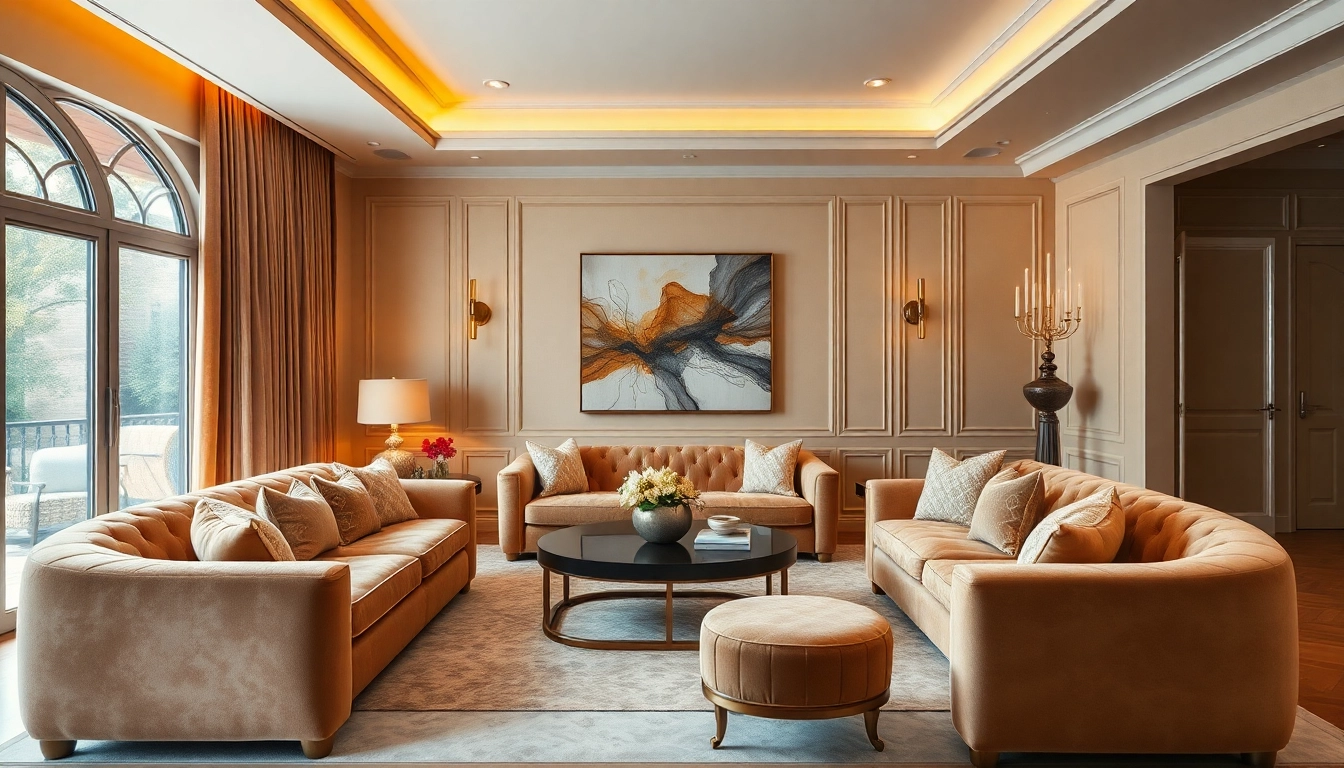Luxury living room design showcasing plush velvet furniture and elegant decor in a warm ambiance.