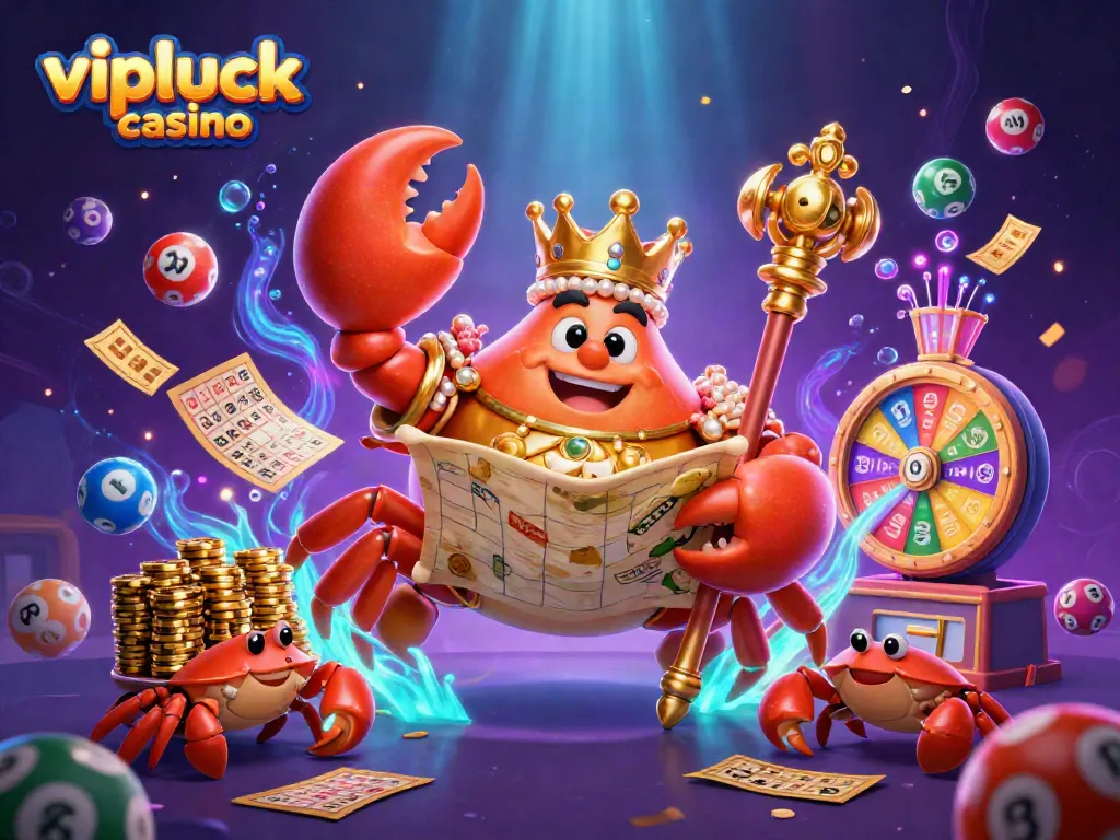 Experience vibrant gameplay at vipluck casino with colorful lottery elements and a striking golden crab emperor.