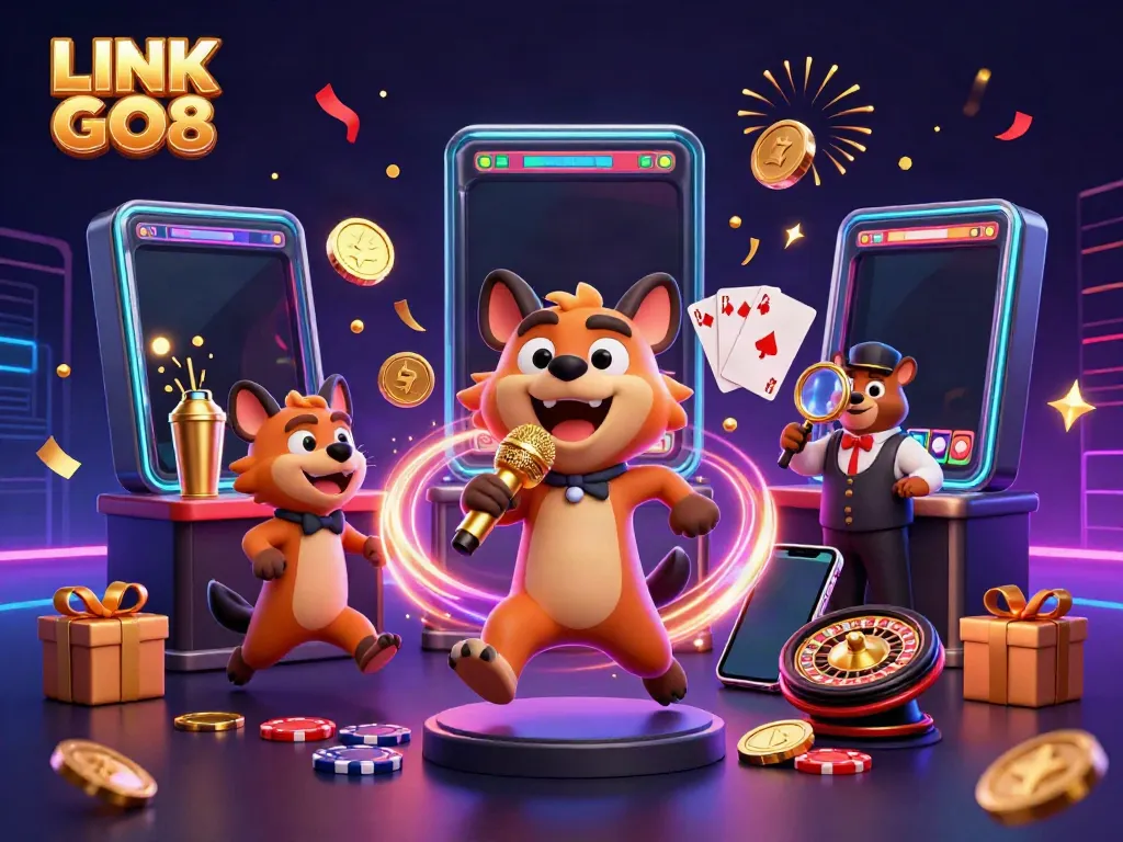 Experience vibrant action at the comedy casino club with LINK GO8 hyenas performing and gaming.