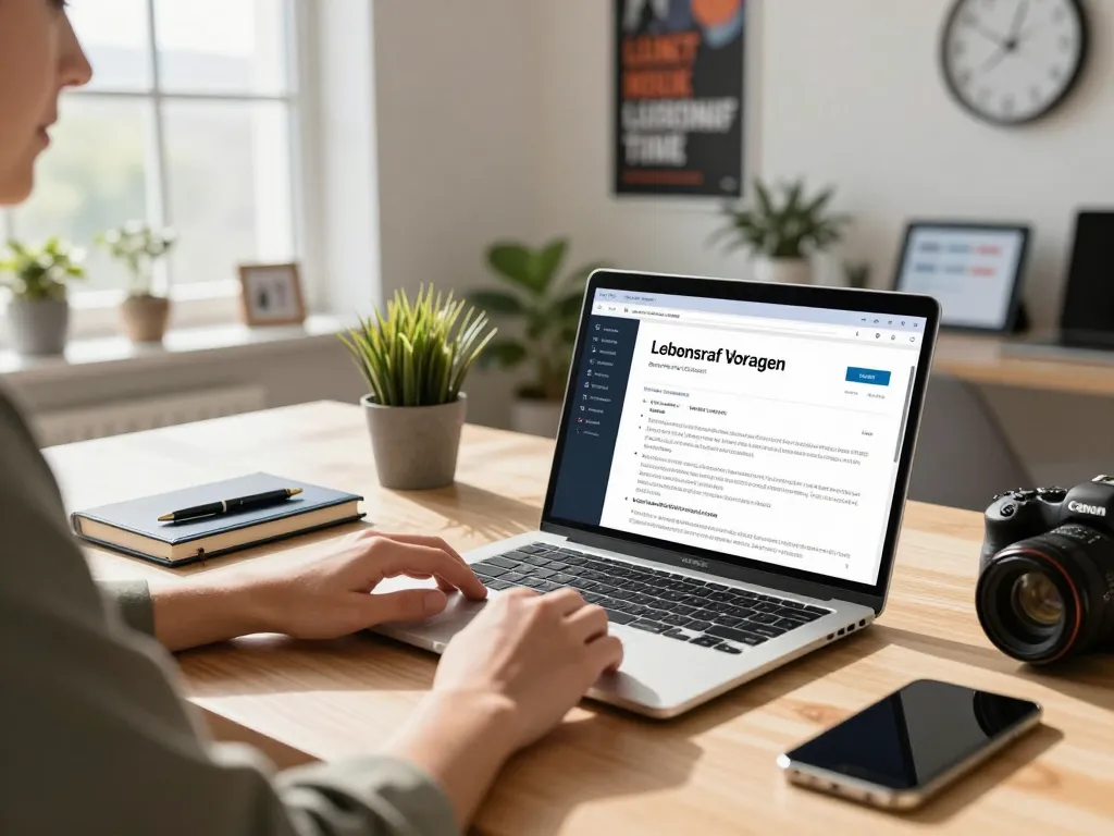Jobsuchender erstellt Lebenslauf Vorlagen in einem modernen Arbeitsbereich mit Laptop und Schreibmaterial.