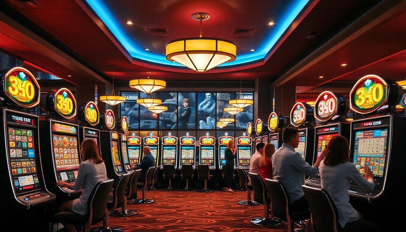 Gewinne groß mit einem Casino Bonus: Spieler an modernen Spielautomaten im lebhaften Casino-Ambiente.
