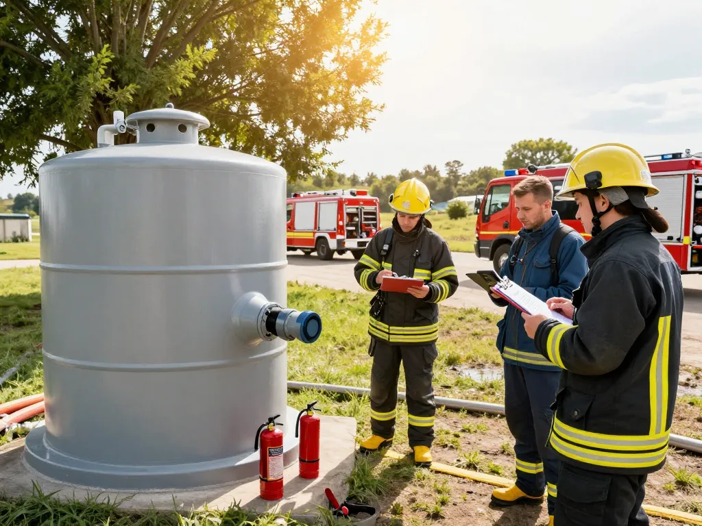 Feuerwehrmann inspiziert eine Löschwasserzisterne mit Storz Anschluss in einer Trainingsszene, um die Einsatzbereitschaft im Brandschutz sicherzustellen.