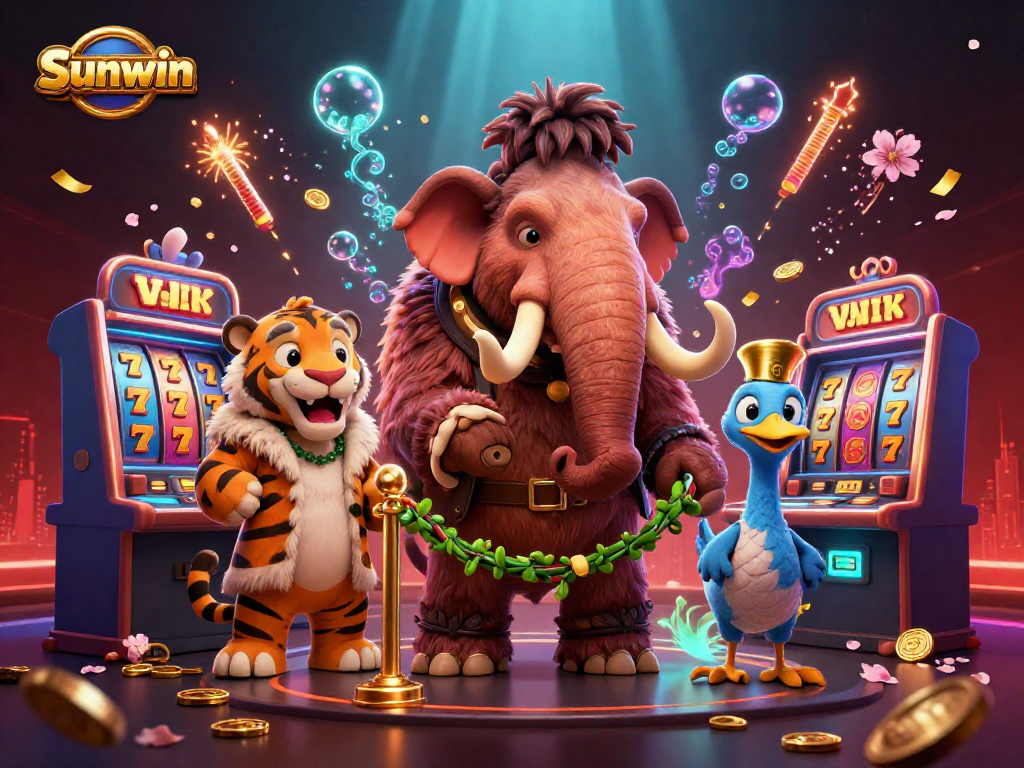 Engage with Sunwin's vibrant casino scene featuring a mammoth bouncer, saber-tooth VIP, and dodo doorman.