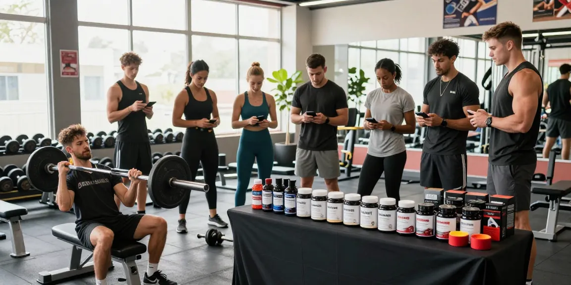 Anabolika Shop scene showcasing a diverse group of bodybuilders discussing workouts and anabolic steroids with fitness equipment in a vibrant gym environment.