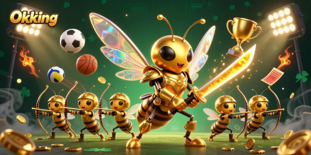 Experience exciting gambling with Okking's dynamic gaming scene featuring vibrant characters and sports elements.
