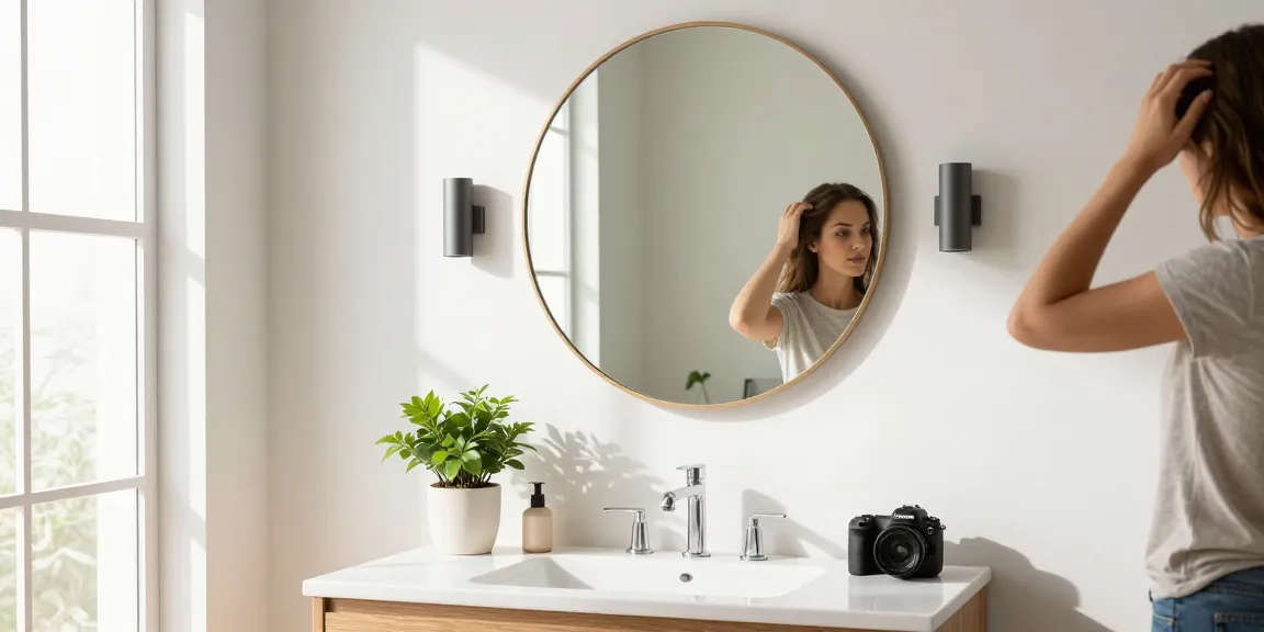 Chique ronde spiegel die de elegantie en functionaliteit van een moderne badkamer versterkt.