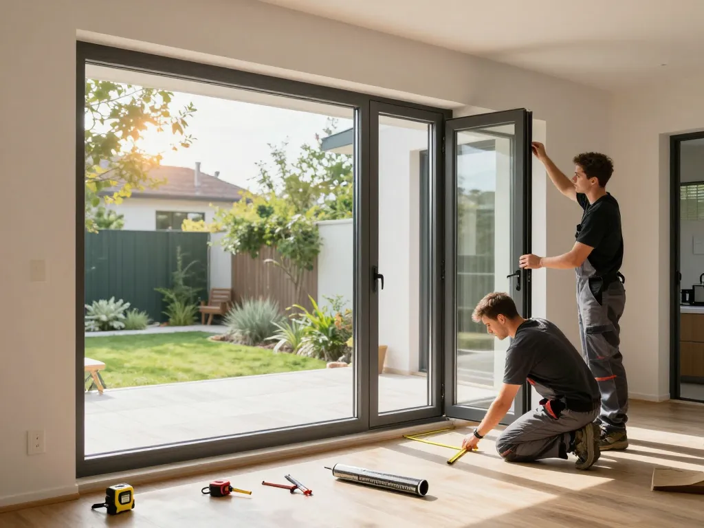 Fachkundige Profis führen die Fensterbau Installation in einem hellen modernen Zuhause durch.