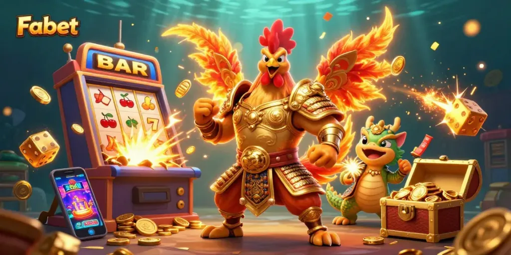 Fabet's exciting casino adventure showcasing a rooster warrior and a dragon amidst jackpot chaos.