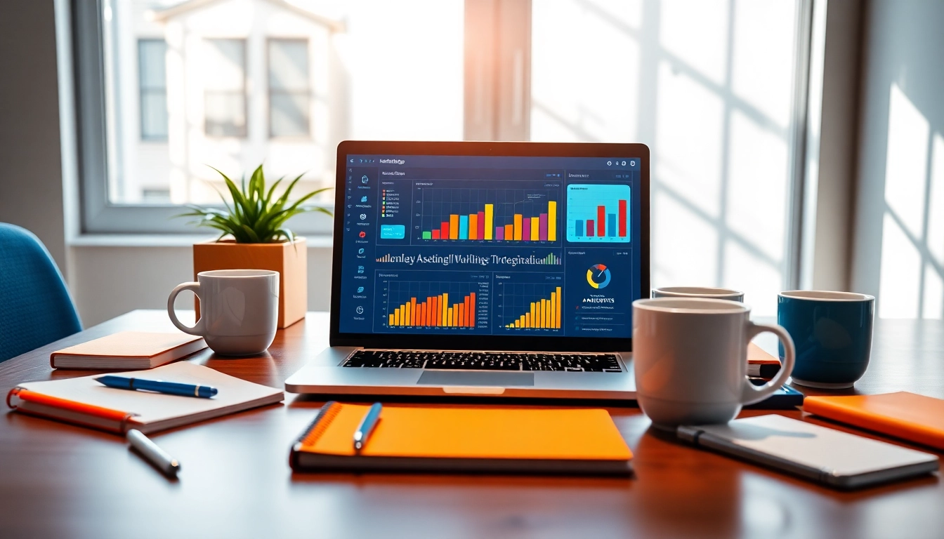 Online Marketing Analyse mit Laptop, Notizblöcken und Kaffee in einem modernen Arbeitsumfeld.