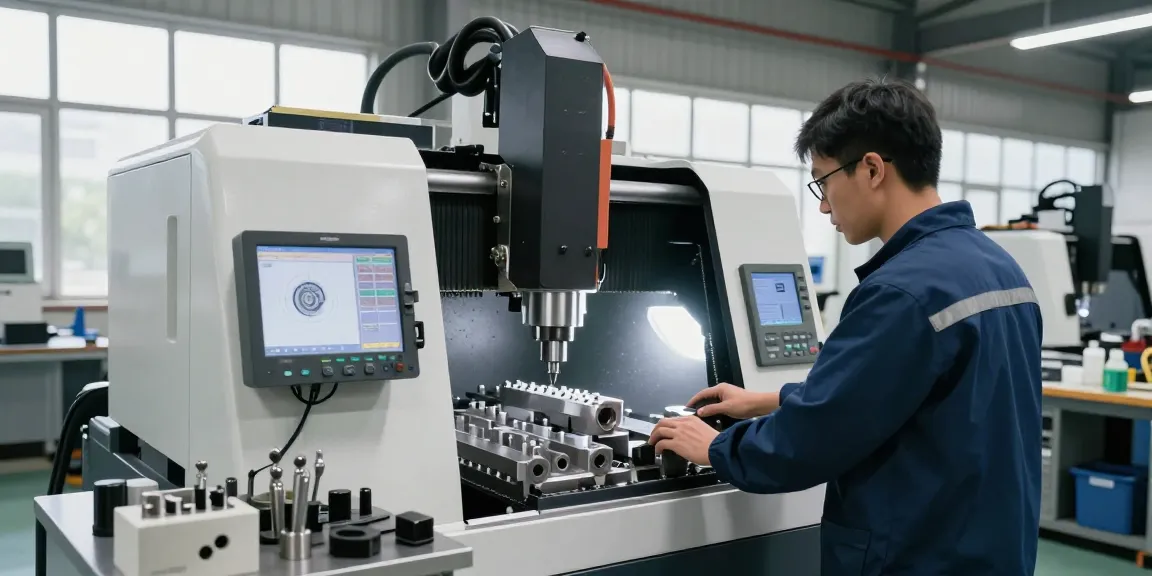 CNC-Bearbeitung in einer modernen Werkstatt, wo ein Techniker an einer CNC-Maschine arbeitet und präzise Bauteile schneidet.