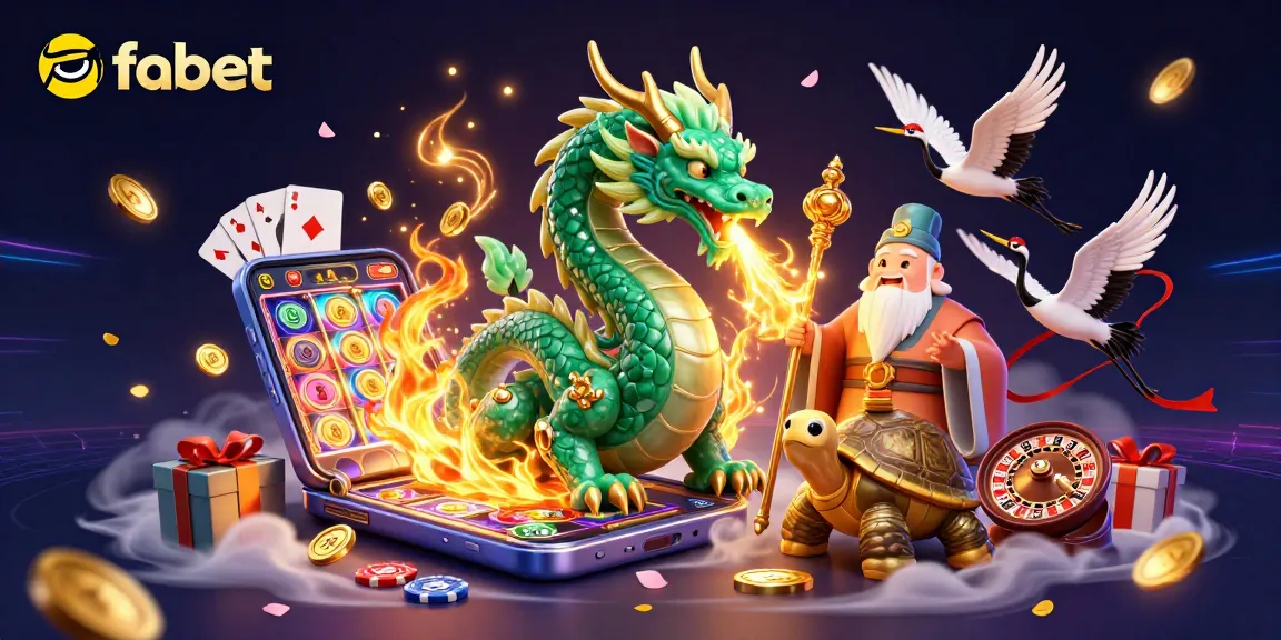 Experience the magic of fabet with a dynamic dragon and turtle sage amid vibrant casino elements.