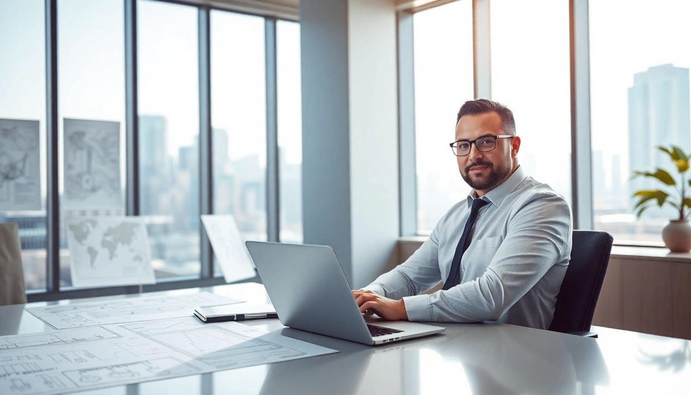 Headhunter Ingenieure in einem modernen Büro mit technischen Zeichnungen und Laptops.