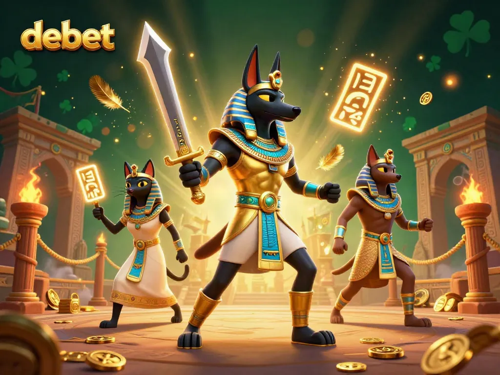 Engage with debet's thrilling gaming experience featuring Anubis and Bastet in a dynamic 3D casino scene.