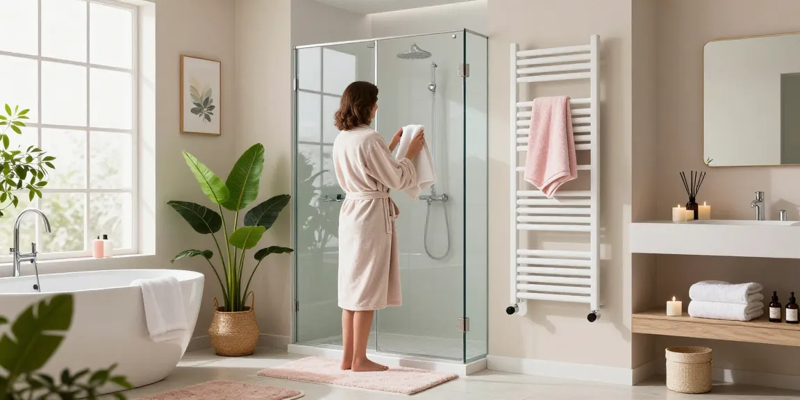 Warm und einladend eingerichtete Infrarotheizung Badezimmer mit Handtuchheizkörper und spa-ähnlicher Dekoration.