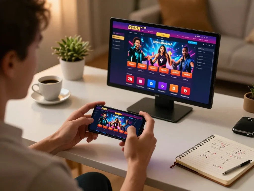 Engaging in GO88 mobile gaming, showcasing casino interface on phone in a cozy home setting
