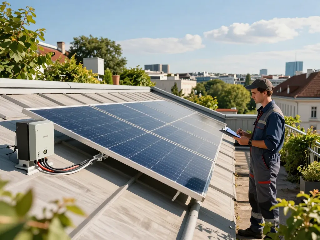 Installation von Solarpanelen auf einem Dach in Wien mit Techniker, der die Einrichtung inspiziert.