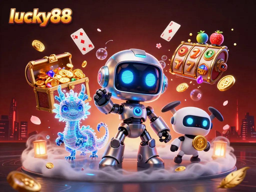 Engage with lucky88's exciting gaming scene featuring vibrant slot elements and a dynamic 3D mascot.