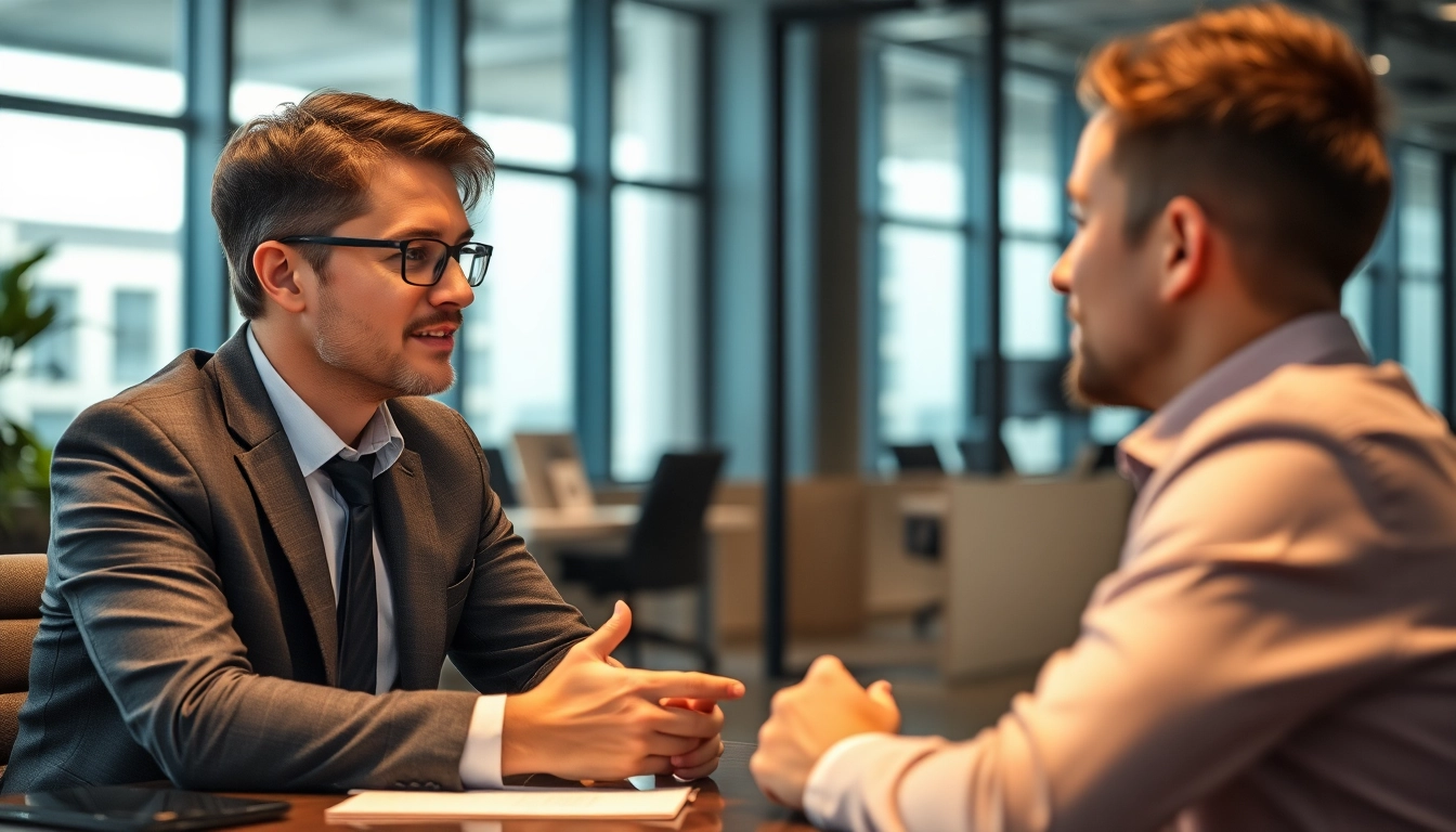 Headhunter führt ein Gespräch mit einem Kandidaten in einem modernen Büro, betont die professionelle Interaktion.
