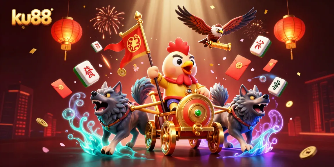 Experience thrilling gameplay with ku88's 3D rooster warlord and festive elements in an Asian casino atmosphere.