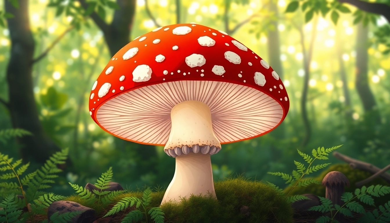Fliegenpilz Pulver in einer detailreichen Darstellung des Fliegenpilzes in einer zauberhaften Waldlandschaft.