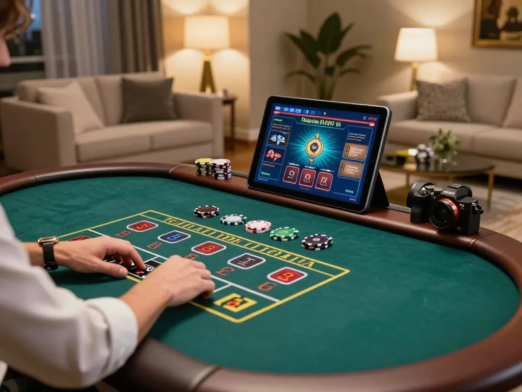 Man 88 player enjoying online gaming experience on tablet at home with live dealer interface