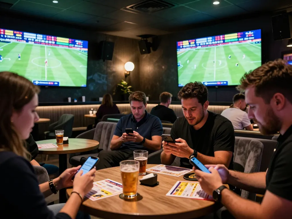Kèo nhà cái hôm nay shows patrons experiencing the thrill of live sports betting in a vibrant lounge atmosphere
