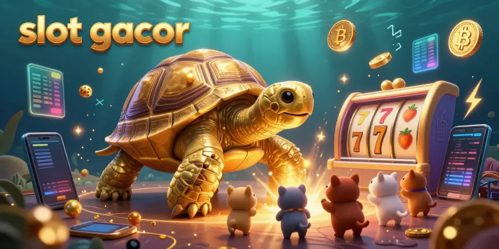 Engage with the vibrant slot gacor scene featuring a golden tortoise pinball machine and excited animals.