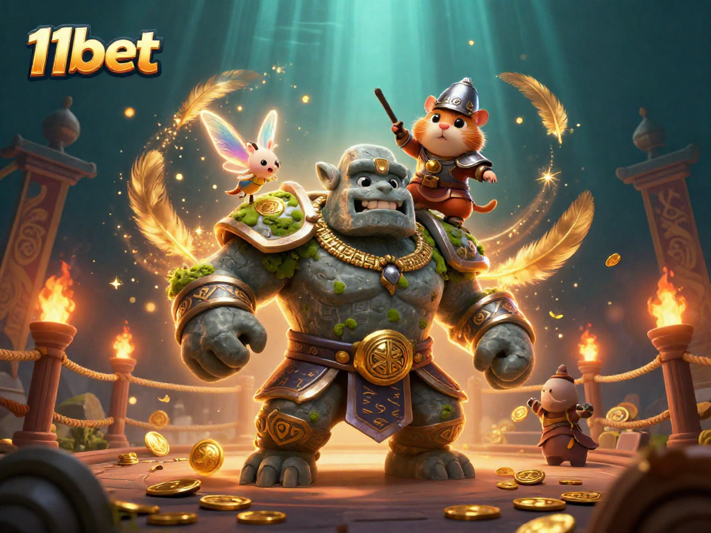 A brave hamster knight rides the magical 11bet golem guardian in an enchanted arena.