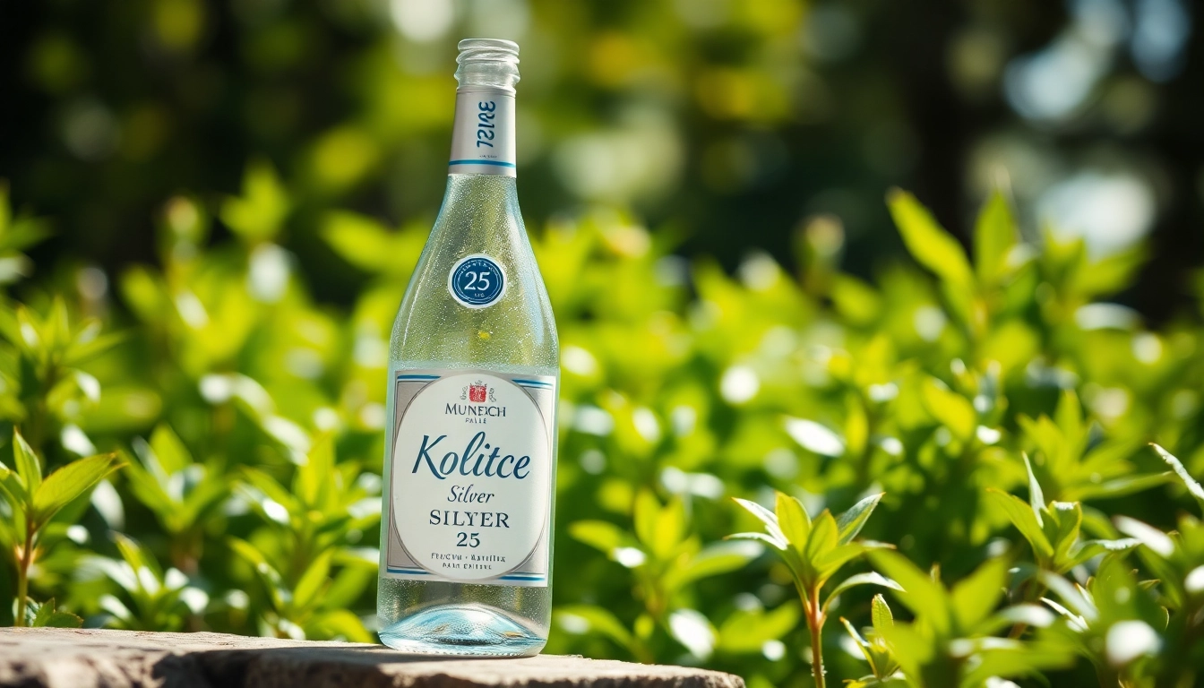 Kolloidales Silber 25 ppm in einer eleganten Flasche vor einer natürlichen grünen Kulisse präsentieren.