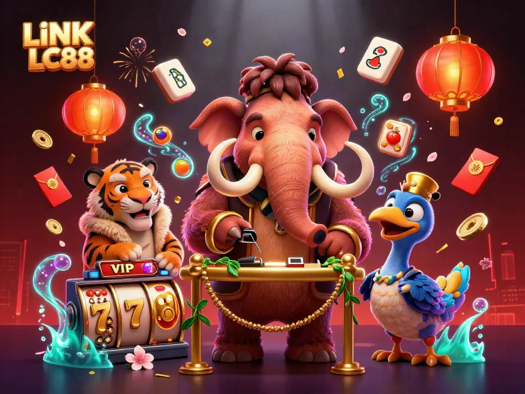 Experience excitement at LINK LC88 with a vibrant casino scene featuring a mammoth bouncer, VIP saber-tooth tiger, and dodo doorman.