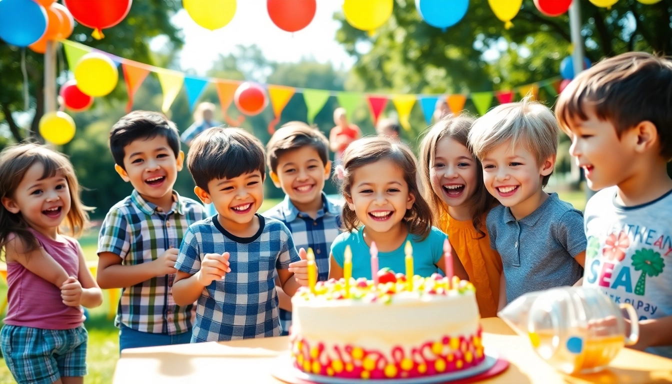 Kindergeburtstag 4 Jahre, Kinder spielen fröhlich mit Ballons und Spielen im Freien.