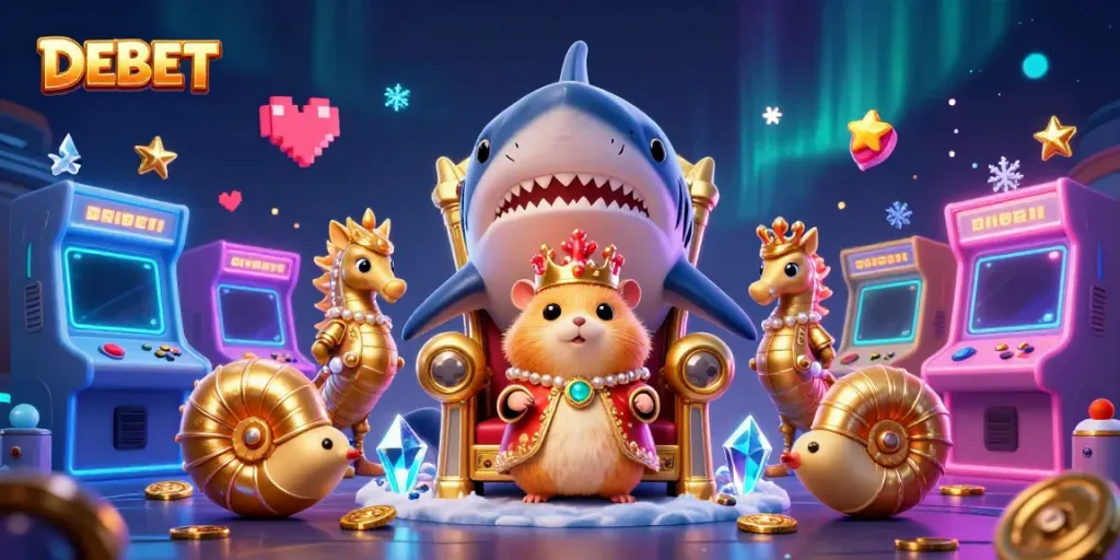 Engaging DEBET casino scene featuring a golden hamster king on a shark throne, surrounded by game elements.