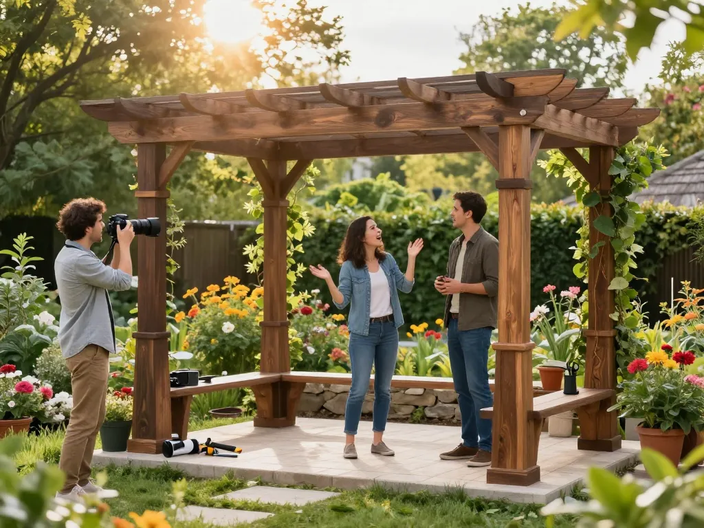Demonstration des individuellen Pergola Konfigurators in einem Garten mit Interaktion zwischen Designer und Kunde.
