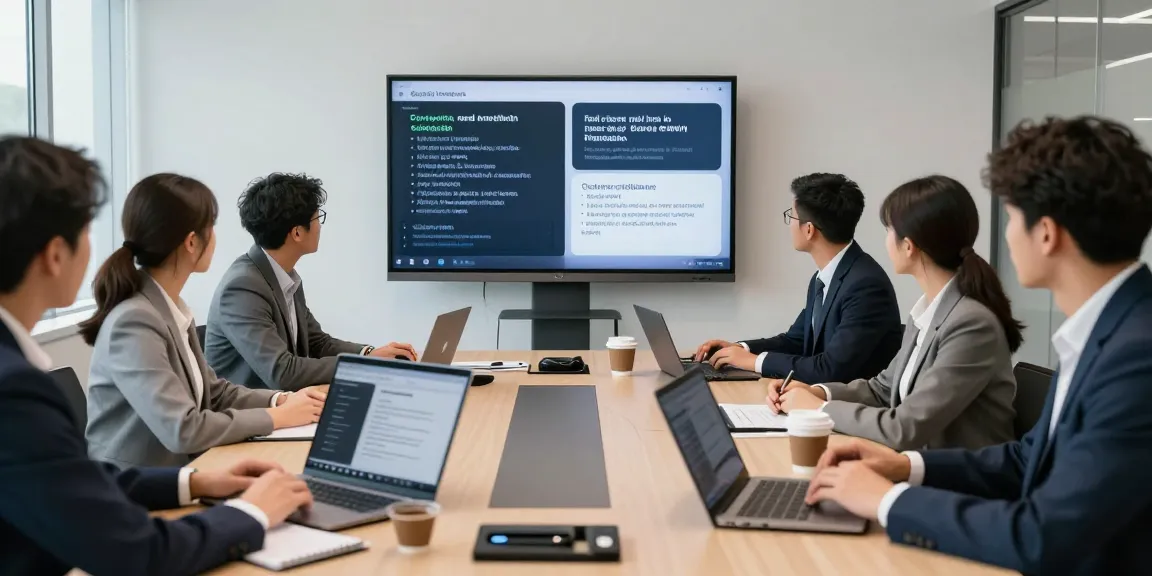 In einem modernen Konferenzraum nutzt ein Team die AI-Transkriptionssoftware für Echtzeitübersetzungen.