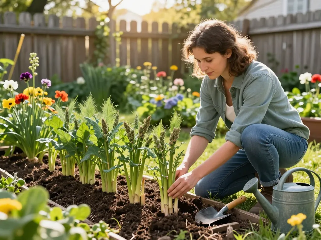 Thriving grüner spargel pflanze in a lively home garden setting with a gardener planting.
