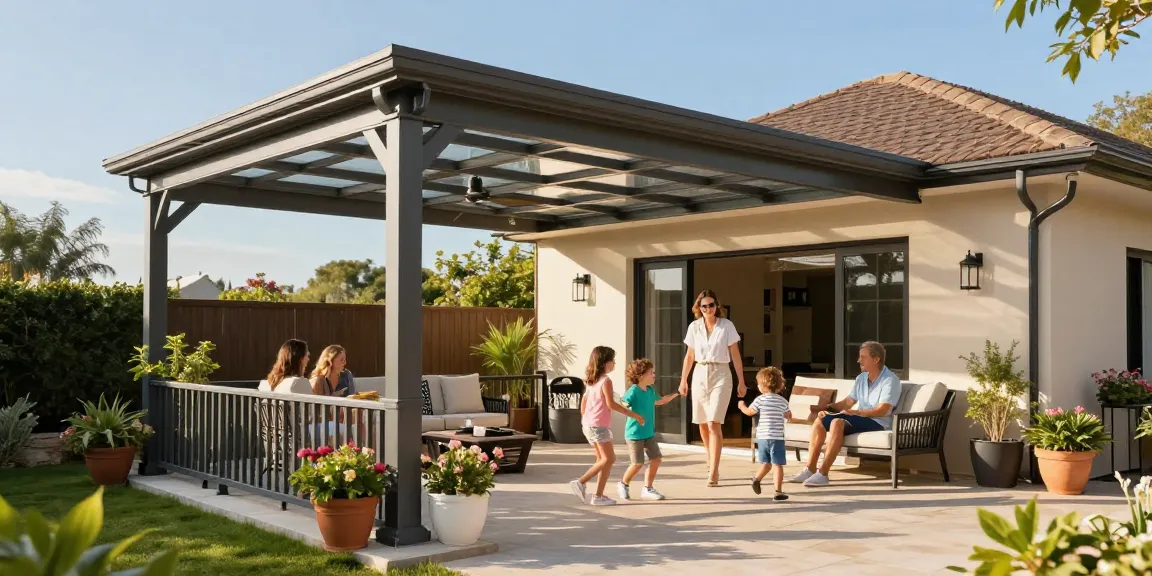 Terrassenüberdachungen aus Aluminium schaffen einen einladenden Gartenbereich mit spielenden Kindern und schöner Dekoration.